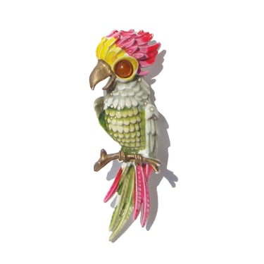 Vintage 60s Enamel Parrot Brooch Cockatoo Pin 