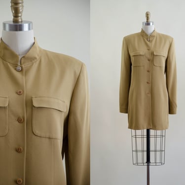 golden tan silk jacket | 90s minimal matte silk crepe de chine mustard brown vintage jacket coat 