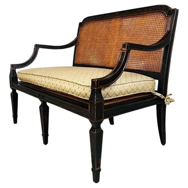 Sheraton Double Cane Black & Gold Settee Bench By Baker Milling Road 