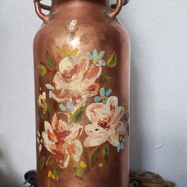 Vintage handpainted floral Copper table lamp Upcycled Industrial Copper Extinguisher light 