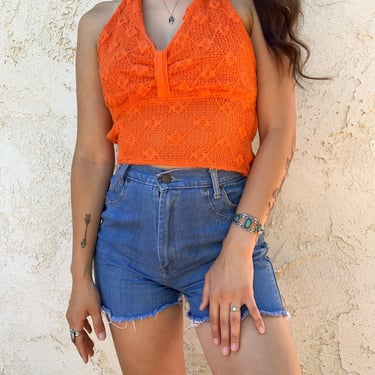 Vintage 70's Orange Knitted Floral Halter Top 