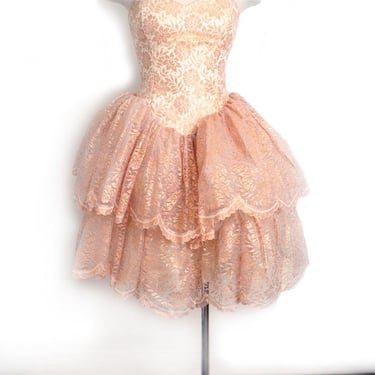 80s Lace Ballerina style Party Prom Evening Gown, Fit & Flare, Vintage 1980's Metallic Ivory satin, Full skirt Prom dress Copper Bronze Lace 