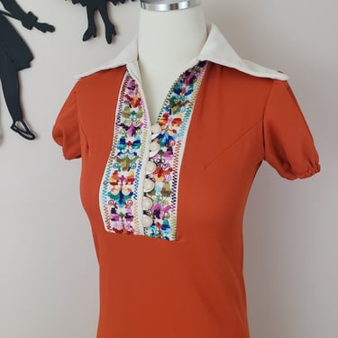 Vintage 1960's Embroidered Dress / 70s Polyester Child Dress XS 