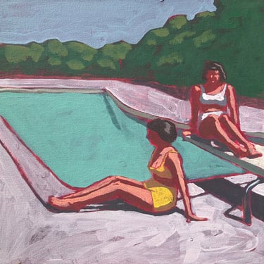 Pool #118 - Original Acrylic Painting on Canvas 10 x 10 - woman, diving board, swimsuit, fine art, gallery wall, michael van, retro 