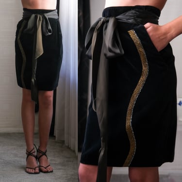 Vintage 80s GIANNI VERSACE Black Velvet Rhinestone & Beaded Pencil Skirt w/ Silk Wrap Belt | Made in Italy | 1980s VERSACE Designer Skirt 