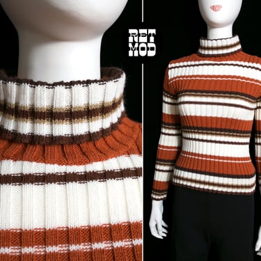 Vintage 90s does 70s Rust, Black & White Stripe Turtleneck Sweater 