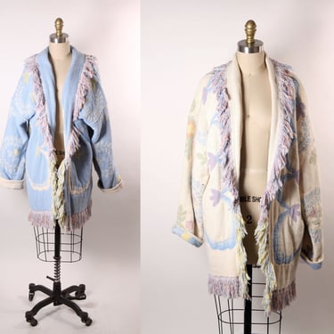 1980s Blue, Pink and White Fringe Quilt Tapestry Blanket Reversible Coat -One Size Fits Most 