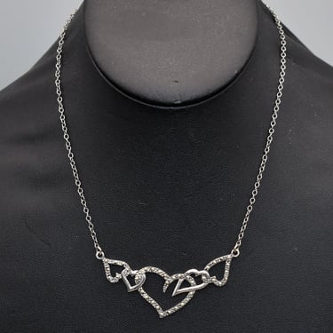 80's sterling marcasite hearts chain bib, edgy 925 silver pyrite sweetheart choker necklace 