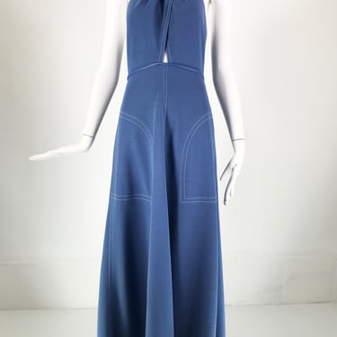 SOLD Bonnie Cashin Blue Knit & Leather Halter Neck Pocket Dress 1970s