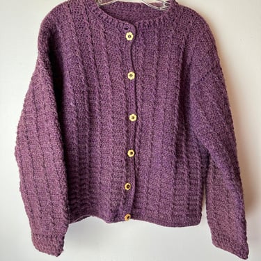Vintage purple cardigan sweater Hand made 100% wool~ wooden buttons boxy structured chubby thick size S/M 