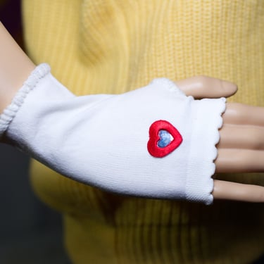 White with Red Heart Fingerless Gloves | Small 