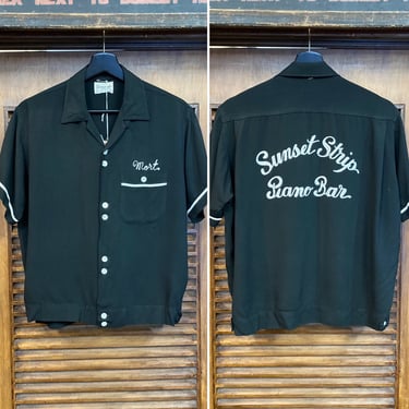 Vintage 1950’s “Sunset Strip Piano Bar” Black Rayon Embroidery Bowling Rockabilly Shirt, 50’s Club Shirt, Vintage Clothing 
