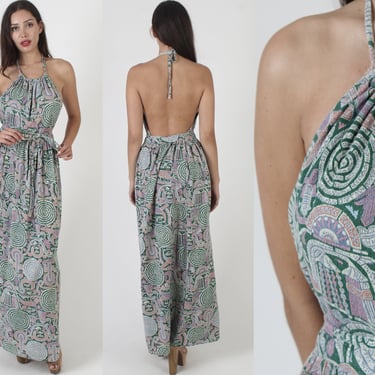 Sexy Open Cut Out Back Dress / 70s Colorful Halter Wrap / Vintage Batik Egyptian Printed Material / Long Adjustable Full Skirt Sundress 