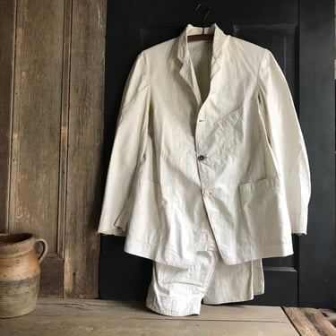 19th C White Cotton Suit, Pin Stripe, Jacket Trousers, Smith, Gray and Co, Historical New York Manufacturer, Summer Wear, Original Tag 