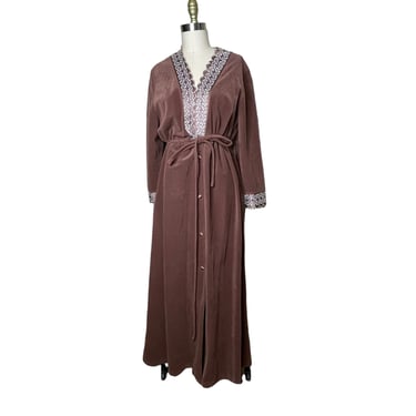 Vintage JCPenney Loungewear Robe Brown Velour Embroidered Housecoat Long Maxi Large 
