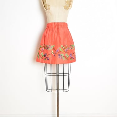 vintage skirt orange satin embroidered birds floral high waisted full mini XS S clothing 