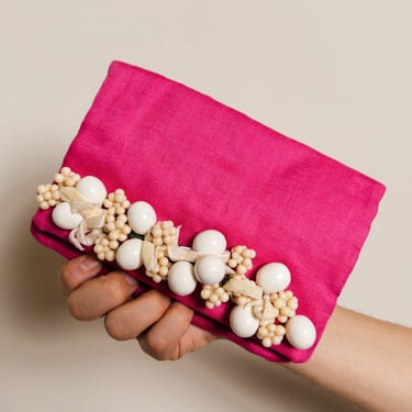 Vintage 60s Hot Pink and White Clutch Clasp Handbag Purse 