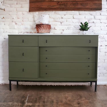 SOLD vintage mid century modern dresser refinished in olive green with black legs and black pulls 