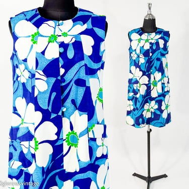 1960s Blue& White Print Dress | 60s Blue Hawaiian Shift Dress | | Liberty House of Hawaii | Medium 