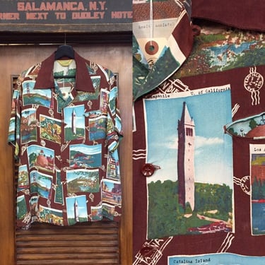 Vintage 1950’s California Postcard Print Rayon Hawaiian Shirt, XL, West Coat Vintage, Souvenir, California Landmarks, Vintage Clothing 