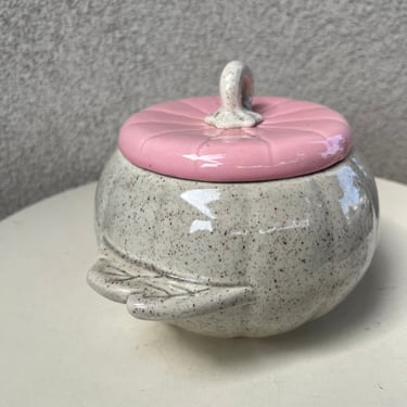 Vintage cottage chic ceramic bowl with lid pumpkin theme pink beige by Hoenic of California 