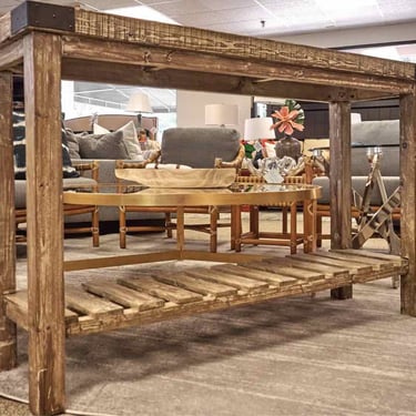 Rustic Reclaimed Wood Console with Ceramic Top and Lower Shelf
