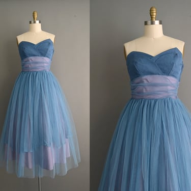 vintage 1950s Strapless Blue Party Prom Dress - Size Medium 