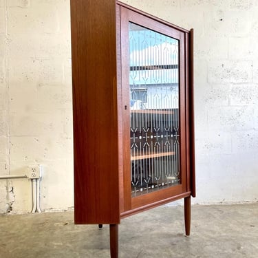 Danish Modern Teak Corner Glass Curio Cabinet or Bar 