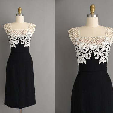 vintage 1950s Dress | Designer Peggy Hunt Black Linen Caged Wiggle Dress | Small 