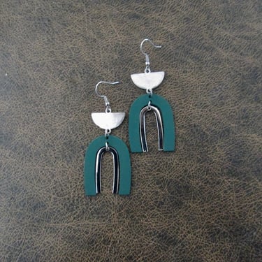 Geometric earrings, simple green and silver modern earrings 