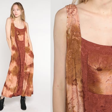 Floral Jumper Dress 90s Embossed Terra Cotta Dress Jumper Maxi Low Armhole Dress Pocket Pinafore 1990s Vintage Brown Sun Extra Small xs 