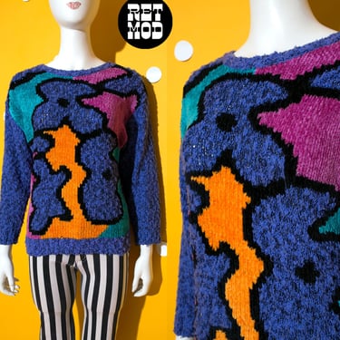 Chunky Vintage 80s 90s Blue Pink Orange Abstract Psychedelic Floral Bouclé Sweater 