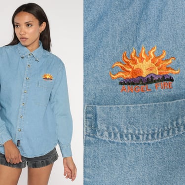 Angel Fire Denim Shirt Y2k Embroidered New Mexico Shirt Jean Sun Button Up Top Mountain Chambray Retro Vintage 00s Long Sleeve Small S 