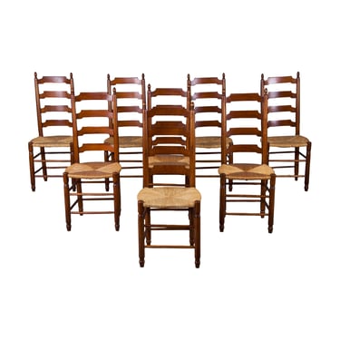 Country French Provincial Ladder Back Maple Dining Chairs W/ Rush Seats - Set of 8 