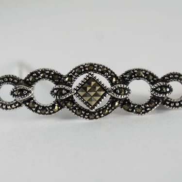 40's Art Deco 925 silver marcasite rhombus in graduated circles brooch, sterling pyrite geometric bar pin 