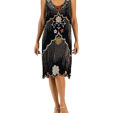 2000S Matthew Williamson Black Silk 1920S Style Bead Embroidered Dress With Leather Collar 