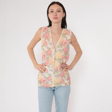 90s Floral Knit Vest Pastel Rose Print Sweater Vest Top Pink Yellow Button up Vest Retro Sleeveless V Neck Shirt Vintage 1990s Medium 