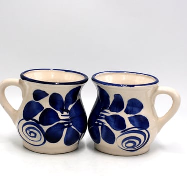 vintage Blue Floral Mugs Hand Painted Set of Two 