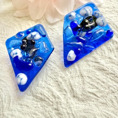 Statement Glass Art Earrings, Fused Glass OOAK Abstract, Studs Pierced, New Wave 