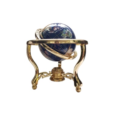 Vintage Gemstone Brass Globe / Rotating Blue Lapis and Inlaid Semi Precious Stone Earth / Desk Top Globe with Compass / Home Office Decor 