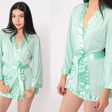 Vintage Mint Pajama Robe 80s Pastel Green Lingerie Jacket Satin Wrap Tie Front Lounge Mini Short Robe Retro Basic Plain 1980s Medium 