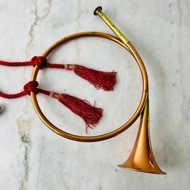 Vintage French Horn, Brass and Copper, with red tassel, for musical instrument, Christmas, fireplace, vintage home decor, gift 