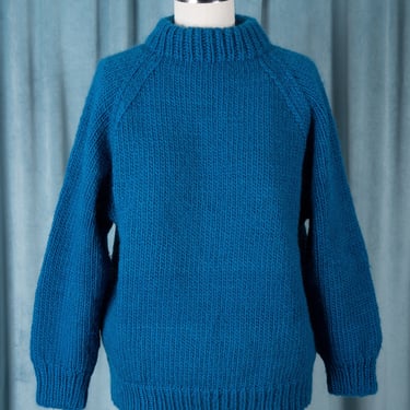 Vintage Turquoise Blue Chunky Wool Sweater With Thick Collar and Full Sleeves 