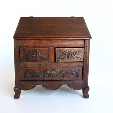 Antique Child Secretaire SMALL Slanted Lift Top Desk Children's Oak Petit Bureau 19th century 1870s Hand Carved Griffins / Dragons 