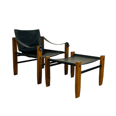 Mid Century Modern Leather Safari Lounge Chair & Ottoman