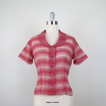 Vintage 1950s sheer nylon blouse, striped, glass buttons, peter pan collar 