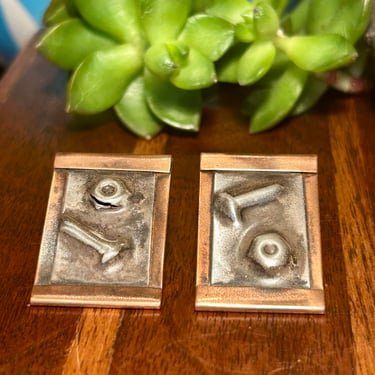 Handmade Mixed Metal Earrings But Bolt Copper Vintage Retro Jewelry Artisan Gift 