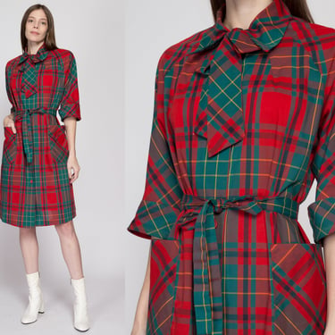Large 60s Red & Green Plaid Belted Ascot Shirtdress | Vintage Button Front Half Sleeve Mini House Dress 