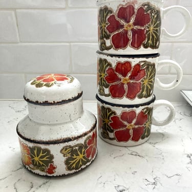 4 Piece Vintage Stonehenge Midwinter Nasturtium Orange Floral Coffee Mug. Antique Mid Century Fall Floral Design Cups and Pitcher by LeChalet