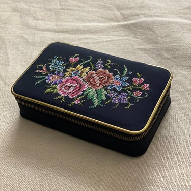 Vintage jewelry box, travel case, petit point, needlepoint, gifts for her 